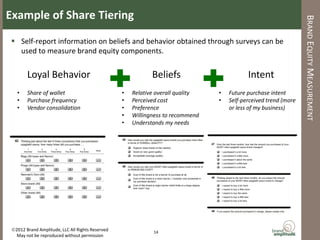Example of Share Tiering




                                                                                                                  BRAND EQUITY MEASUREMENT
  Self-report information on beliefs and behavior obtained through surveys can be
   used to measure brand equity components.


        Loyal Behavior                                       Beliefs                        Intent
   •    Share of wallet                           •   Relative overall quality   •   Future purchase intent
   •    Purchase frequency                        •   Perceived cost             •   Self-perceived trend (more
   •    Vendor consolidation                      •   Preference                     or less of my business)
                                                  •   Willingness to recommend
                                                  •   Understands my needs




 2012 Brand Amplitude, LLC All Rights Reserved              14
  May not be reproduced without permission
 
