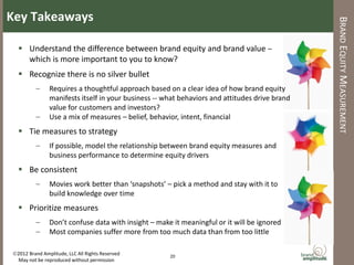 Key Takeaways




                                                                                               BRAND EQUITY MEASUREMENT
   Understand the difference between brand equity and brand value –
    which is more important to you to know?
   Recognize there is no silver bullet
         –     Requires a thoughtful approach based on a clear idea of how brand equity
               manifests itself in your business -- what behaviors and attitudes drive brand
               value for customers and investors?
         –     Use a mix of measures – belief, behavior, intent, financial
   Tie measures to strategy
         –     If possible, model the relationship between brand equity measures and
               business performance to determine equity drivers
   Be consistent
         –     Movies work better than ‘snapshots’ – pick a method and stay with it to
               build knowledge over time
   Prioritize measures
         –     Don’t confuse data with insight – make it meaningful or it will be ignored
         –     Most companies suffer more from too much data than from too little

2012 Brand Amplitude, LLC All Rights Reserved       20
 May not be reproduced without permission
 