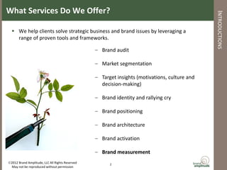 What Services Do We Offer?




                                                                                               INTRODUCTIONS
   We help clients solve strategic business and brand issues by leveraging a
    range of proven tools and frameworks.

                                                 – Brand audit

                                                 – Market segmentation

                                                 – Target insights (motivations, culture and
                                                   decision-making)

                                                 – Brand identity and rallying cry

                                                 – Brand positioning

                                                 – Brand architecture

                                                 – Brand activation

                                                 – Brand measurement
2012 Brand Amplitude, LLC All Rights Reserved         2
 May not be reproduced without permission
 