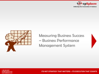 Measuring Business Success
                    – Business Performance
                    Management System




1.562.860.8637
info@cpsphere.com    ITS NOT STRATEGY THAT MATTERS – ITS EXECUTION THAT COUNTS
www.cpSphere.com
 