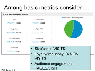 © Rich Gordon 2013
Among basic metrics,consider …
• Size/scale: VISITS
• Loyalty/frequency: % NEW
VISITS
• Audience engagement:
PAGES/VISIT
 