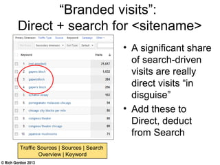 © Rich Gordon 2013
“Branded visits”:
Direct + search for <sitename>
• A significant share
of search-driven
visits are really
direct visits “in
disguise”
• Add these to
Direct, deduct
from Search
Traffic Sources | Sources | Search
Overview | Keyword
 