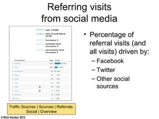 © Rich Gordon 2013
Referring visits
from social media
• Percentage of
referral visits (and
all visits) driven by:
– Facebook
– Twitter
– Other social
sources
Traffic Sources | Sources | Referrals
Social | Overview
 