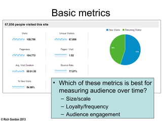 © Rich Gordon 2013
Basic metrics
• Which of these metrics is best for
measuring audience over time?
– Size/scale
– Loyalty/frequency
– Audience engagement
 