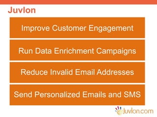 Juvlon
Improve Customer Engagement
Run Data Enrichment Campaigns
Reduce Invalid Email Addresses
Send Personalized Emails and SMS
 