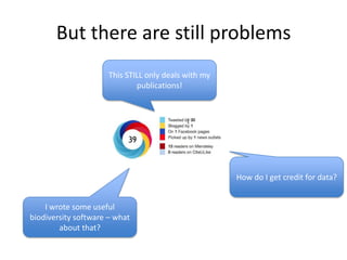 But there are still problems
This STILL only deals with my
publications!

How do I get credit for data?
I wrote some useful
biodiversity software – what
about that?

 