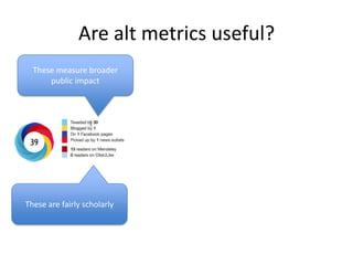 Are alt metrics useful?
These measure broader
public impact

These are fairly scholarly

 