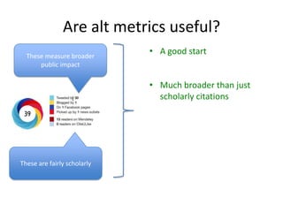 Are alt metrics useful?
These measure broader
public impact

• A good start
• Much broader than just
scholarly citations

These are fairly scholarly

 