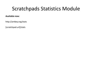 Scratchpads Statistics Module
Available now:
http://antkey.org/stats
[scratchpad.url]/stats

 