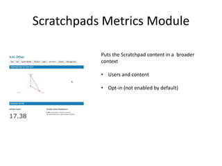 Scratchpads Metrics Module
Puts the Scratchpad content in a broader
context
• Users and content
• Opt-in (not enabled by default)

 