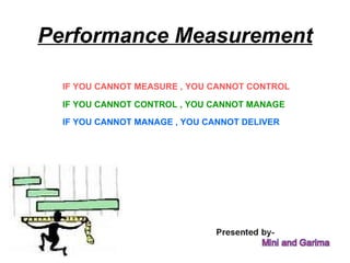 Performance Measurement IF YOU CANNOT MANAGE , YOU CANNOT DELIVER IF YOU CANNOT CONTROL , YOU CANNOT MANAGE IF YOU CANNOT MEASURE , YOU CANNOT CONTROL 