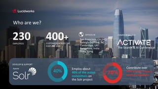 Who are we?
230 CUSTOMERS ACROSS THE
FORTUNE 1000
400+EMPLOYEES
OFFICES IN
San Francisco, CA (HQ)
Raleigh-Durham, NC
Cambridge, UK
Bangalore, India
Hong Kong
The Search & AI Conference
COMPANY BEHIND
Employ about
40% of the active
committers on
the Solr project
40%
Contribute over
70% of Solr's open
source codebase
70%
DEVELOP & SUPPORT
Apache
 