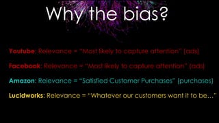 Youtube: Relevance = “Most likely to capture attention” (ads)
Facebook: Relevance = “Most likely to capture attention” (ads)
Amazon: Relevance = “Satisfied Customer Purchases” (purchases)
Lucidworks: Relevance = “Whatever our customers want it to be…”
Why the bias?
 
