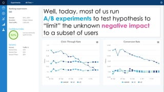 User
Searches
User
Sees
Results
User
takes an
action
Well, today, most of us run
A/B experiments to test hypothesis to
“limit” the unknown negative impact
to a subset of users
 