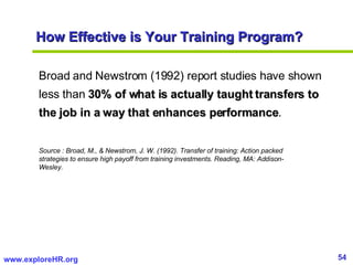 How Effective is Your Training Program? Broad and   Newstrom (1992) report studies have shown less than  30% of what is   ...