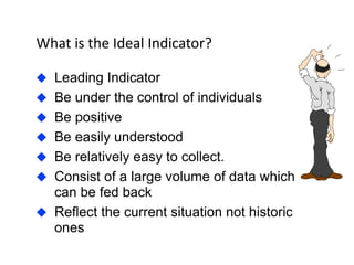 What is the Ideal Indicator?
 Leading Indicator
 Be under the control of individuals
 Be positive
 Be easily understood
 Be relatively easy to collect.
 Consist of a large volume of data which
can be fed back
 Reflect the current situation not historic
ones
 