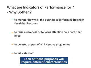 What are Indicators of Performance for ?
- Why Bother ?
– to monitor how well the business is performing (to show
the right direction)
– to raise awareness or to focus attention on a particular
issue
– to be used as part of an incentive programme
– to educate staff
Each of these purposes will
require different characteristics
 