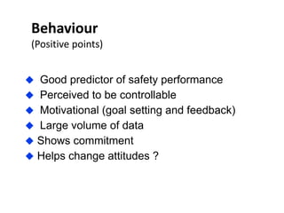 Behaviour
(Positive points)
 Good predictor of safety performance
 Perceived to be controllable
 Motivational (goal setting and feedback)
 Large volume of data
 Shows commitment
 Helps change attitudes ?
 