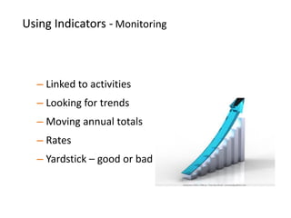 Using Indicators - Monitoring
– Linked to activities
– Looking for trends
– Moving annual totals
– Rates
– Yardstick – good or bad
 