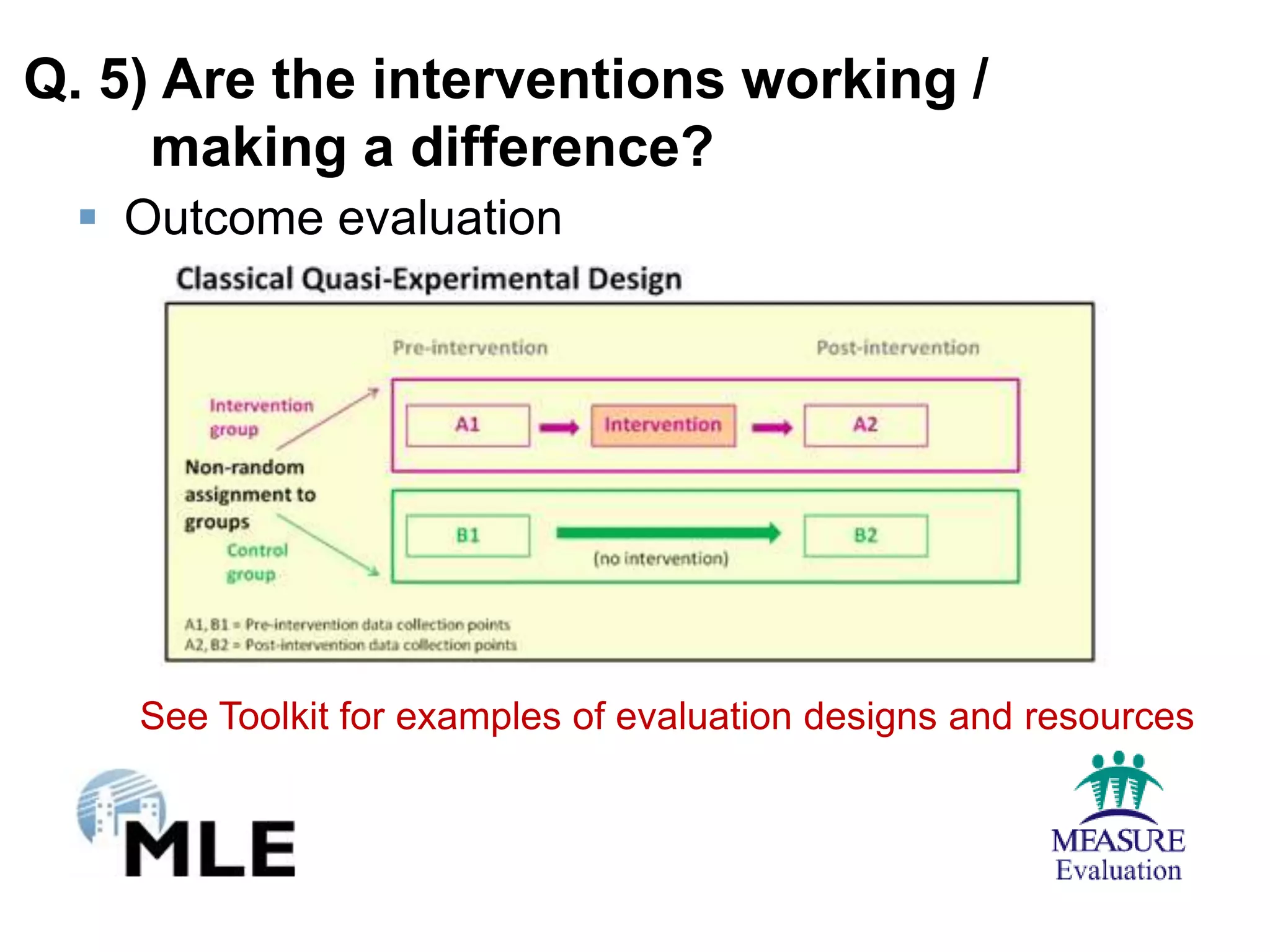 Q. 5) Are the interventions working /
     making a difference?
   Outcome evaluation




    See Toolkit for examples of evaluation designs and resources
 