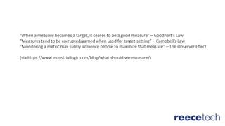 “When a measure becomes a target, it ceases to be a good measure” – Goodhart’s Law
“Measures tend to be corrupted/gamed when used for target-setting” - Campbell’s Law
“Monitoring a metric may subtly influence people to maximize that measure” – The Observer Effect
(via https://www.industriallogic.com/blog/what-should-we-measure/)
 