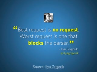 Best request is no request.
Worst request is one that
blocks the parser.
Source: Ilya Grigorik
“
”- Ilya Grigorik
@ilyagri...