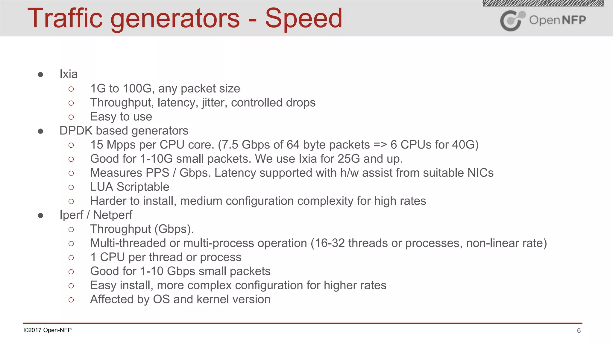 6©2017 Open-NFP
Traffic generators - Speed
● Ixia
○ 1G to 100G, any packet size
○ Throughput, latency, jitter, controlled drops
○ Easy to use
● DPDK based generators
○ 15 Mpps per CPU core. (7.5 Gbps of 64 byte packets => 6 CPUs for 40G)
○ Good for 1-10G small packets. We use Ixia for 25G and up.
○ Measures PPS / Gbps. Latency supported with h/w assist from suitable NICs
○ LUA Scriptable
○ Harder to install, medium configuration complexity for high rates
● Iperf / Netperf
○ Throughput (Gbps).
○ Multi-threaded or multi-process operation (16-32 threads or processes, non-linear rate)
○ 1 CPU per thread or process
○ Good for 1-10 Gbps small packets
○ Easy install, more complex configuration for higher rates
○ Affected by OS and kernel version
 