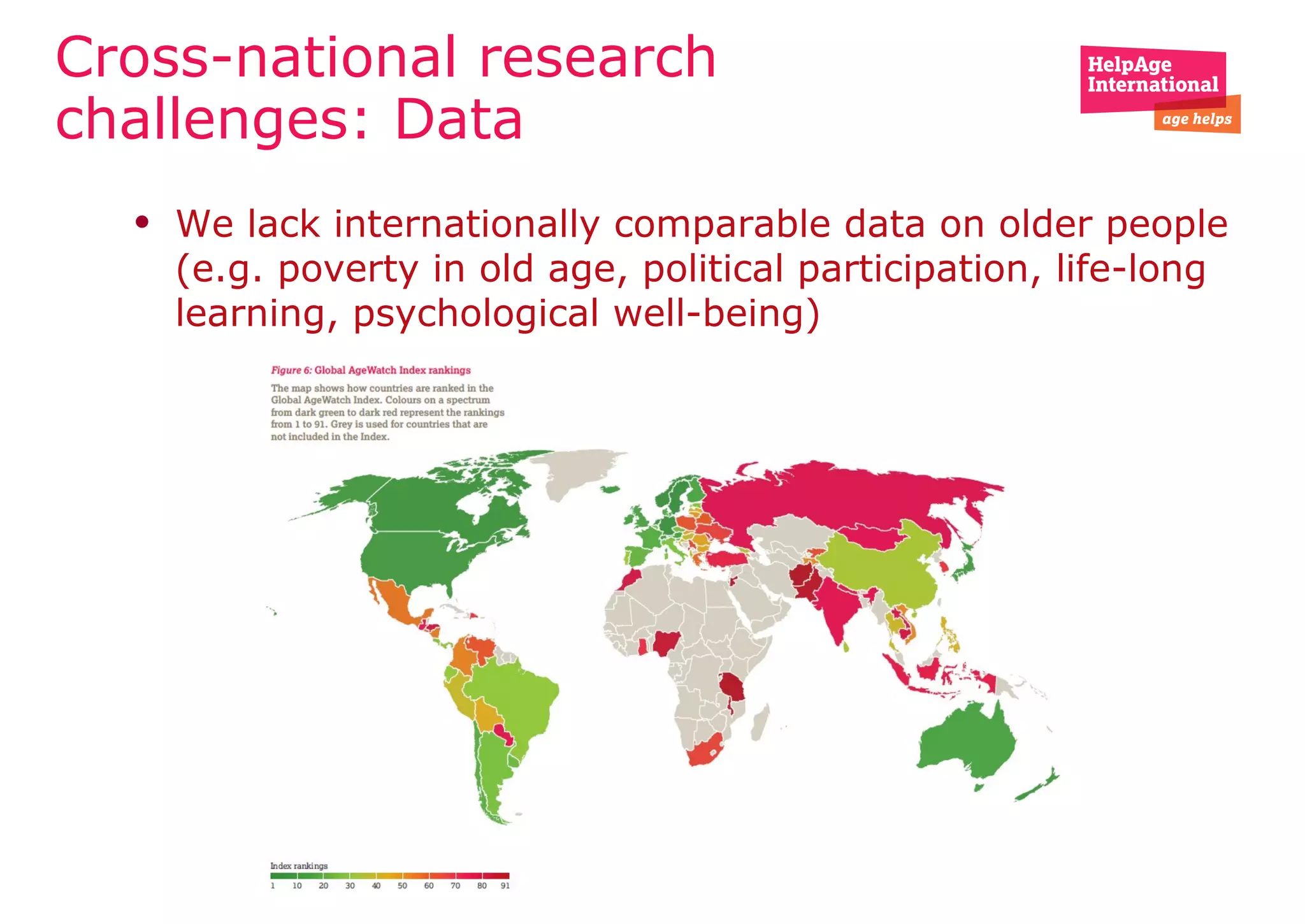 Cross-national research
challenges: Data
• We lack internationally comparable data on older people
(e.g. poverty in old age, political participation, life-long
learning, psychological well-being)
 