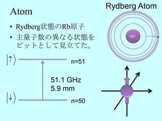 Rydberg Atom
Atom
• Rydberg状態のRb原子
• 主量子数の異なる状態を           Rb+

  ビットとして見立てた。
           n=51

       51.1 GHz
       5.9 mm

            n=50
 