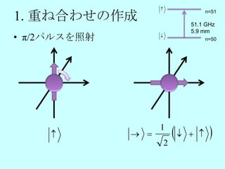 

1. 重ね合わせの作成
                                       n=51

                                 51.1 GHz
                                 5.9 mm
• π/2パルスを照射         
                                       n=50




              
                    1
                                    
                        2
 