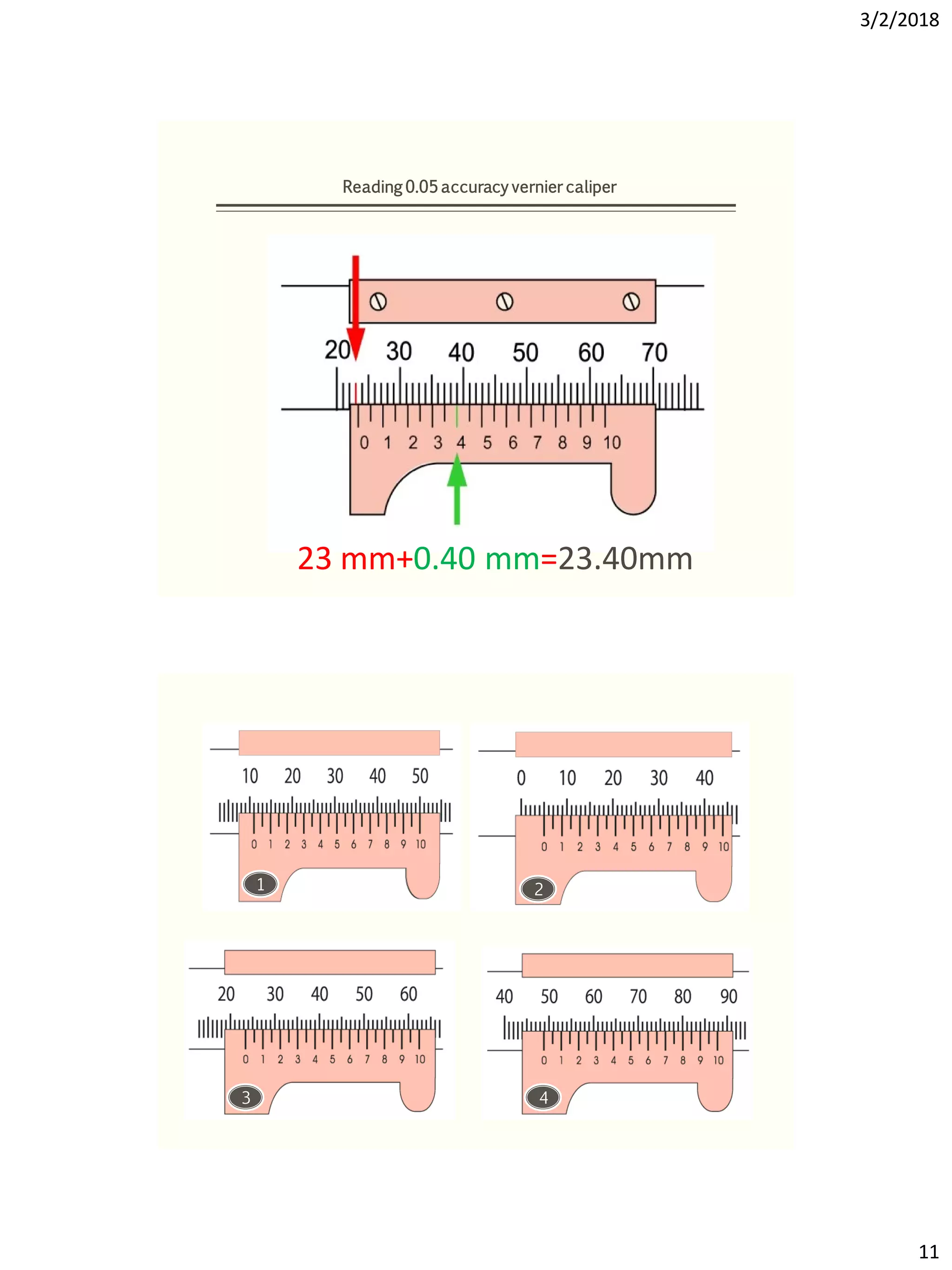 3/2/2018
11
23 mm+0.40 mm=23.40mm
Reading 0.05 accuracy vernier caliper
1 2
4
3
 