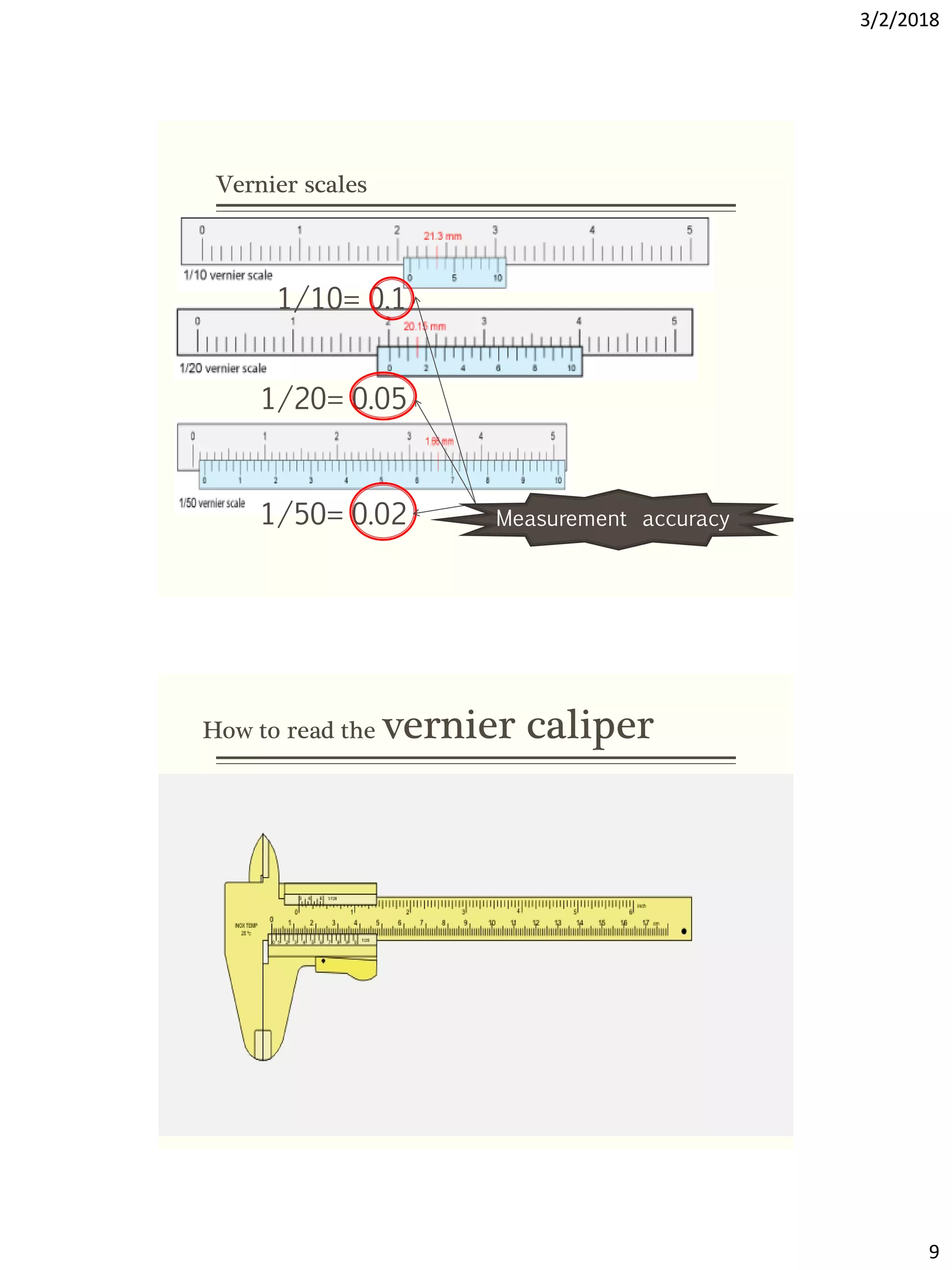 3/2/2018
9
1/10= 0.1
1/20= 0.05
1/50= 0.02 Measurement accuracy
Vernier scales
How to read the vernier caliper
 