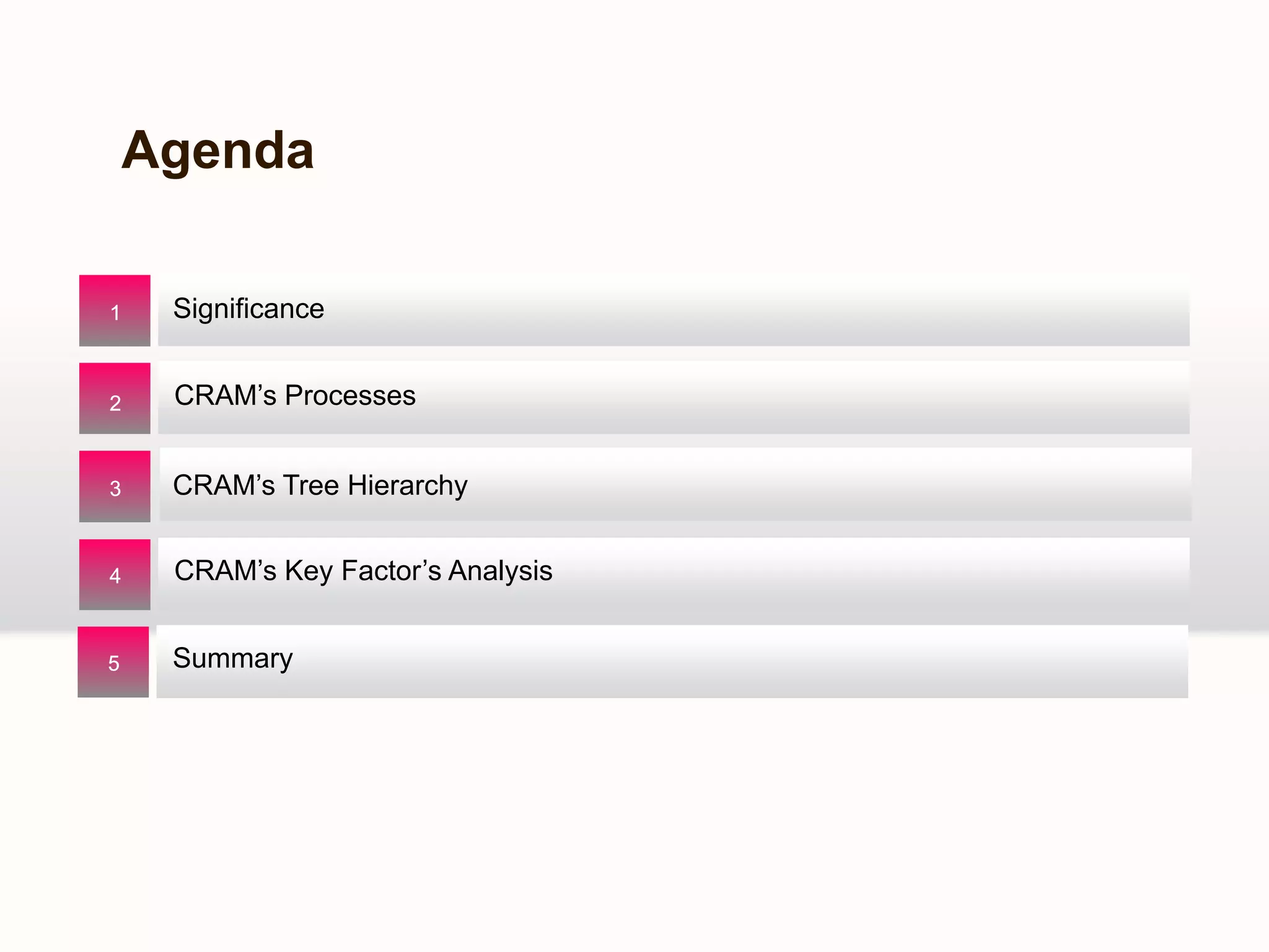 A dAgenda
Significance11
22 CRAM’s Processes22
33 CRAM’s Tree HierarchyCRAM’s Tree Hierarchy
44 CRAM’s Key Factor’s Analysis
55 Summary
 