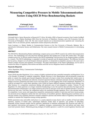 Stork et al.                                                         Measuring Competitive Pressure in Mobile Telecommunication
                                                                                Sectors Using OECD Price Benchmarking Baskets


   Measuring Competitive Pressure in Mobile Telecommunication
        Sectors Using OECD Price Benchmarking Baskets


                     Christoph Stork                                              Laura Lumingu
                   Research ICT Africa                                     VRIJE UNIVERITEIT BRUSSEL
               cstork@researchictafrica.net                                     llumingu@vub.ac.be


BIOGRAPHIES
Christoph Stork is Senior Researcher at Research ICT Africa. He holds a PhD in financial economics from London Guildhall
University, UK, a Diplom Kaufmann (MA) from the University of Paderborn, Germany, and a BA Economics from the
University of Nottingham, Trent, UK. His main research interests are in telecommunication regulation and measuring the
impact of ICTs on economic growth, employment creation and poverty alleviation.
Laura Lumingu is a Master Student in Communication Sciences at the Free University of Brussels, Belgium. She is
specialized in Information Society and Globalization. Her main research interest is Mobile Communication in a developing
context.
ABSTRACT
The OECD Price Benchmarking Basket methodology compares prices across OECD countries for mobile telecommunication
services. This methodology uses only data from dominant operators that together have at least 50% market share. This paper
compares prices for 18 African countries based on the OECD methodology with the prices for the cheapest product available
in a country. The OECD methodology is expanded to include all operators and all prepaid products. The difference between
the two prices, cheapest over all and cheapest dominant operators, is interpreted as competitive pressure in the sector and is
linked to market structure and regulatory environment. The paper demonstrates of the basket methodology can be used to
monitor the affects of regulatory interventions and define universal service obligations based on affordability.
Keywords (Required)
Africa, Regulation, Policy, Communication Technologies
INTRODUCTION
Noam (2010) describes Regulation 1.0 as a century of tightly regulated and state controlled monopolies and Regulation 2.0 as
a few decades of attempts to establish competition. Despite successes in the liberalizations and privatizations around the
globe no country has actually gone beyond oligopolies that need to be kept in check from misusing their market power at
every turn. Licensing, termination rate reduction, structural separation between wholesale and retail, local loop unbundling all
helped to increase competition and reduce access and usage prices, yet still stopping short of full competition. Regulation 3.0
could be envisaged for a world where operating a telco would not require different regulatory treatment from running a any
other business, ie a competition commission dealing with particular cases of anti-competitive conduct. Telecom 3.0 and
Regulation 3.0, where spectrum is no longer wasted for broadcasting or voice but used for data and where the largest part of
telecommunication infrastructure is no longer owned by telcos but by end-users in the form of meshed networks is not on the
horizon any time soon. Until then, fair competition needs to be maintained through regulation. Price is the ultimate indicator
for competition. Lower access and usage prices expand the communication markets to rural areas and lower income groups,
not universal service obligations written into laws and licences of incumbent operators. Monitoring prices and hence cost to
end-user remains a key regulatory function to measure competitive pressure and monitor affects of regulatory interventions to
establish or maintain fair competition among existing operators.
Mobile penetration rates and mobile retail prices in a country depend on many factors such as number of fixed and mobile
operators, sequence of market entry, technologies deployed, market share of operators, user profiles of subscribers,
disposable income, business models used by operators, penetration of substitute technologies like fixed-line and cable TV,
past regulatory interventions and sequence of it, regulatory strategies, communication laws and policies and many other
social and economic factors. Monitoring pricing strategies of mobile operators is useful for several regulatory functions and



Proceedings of the 4th ACORN-REDECOM Conference Brasilia, D.F., May 14-15th, 2010                                           349
 