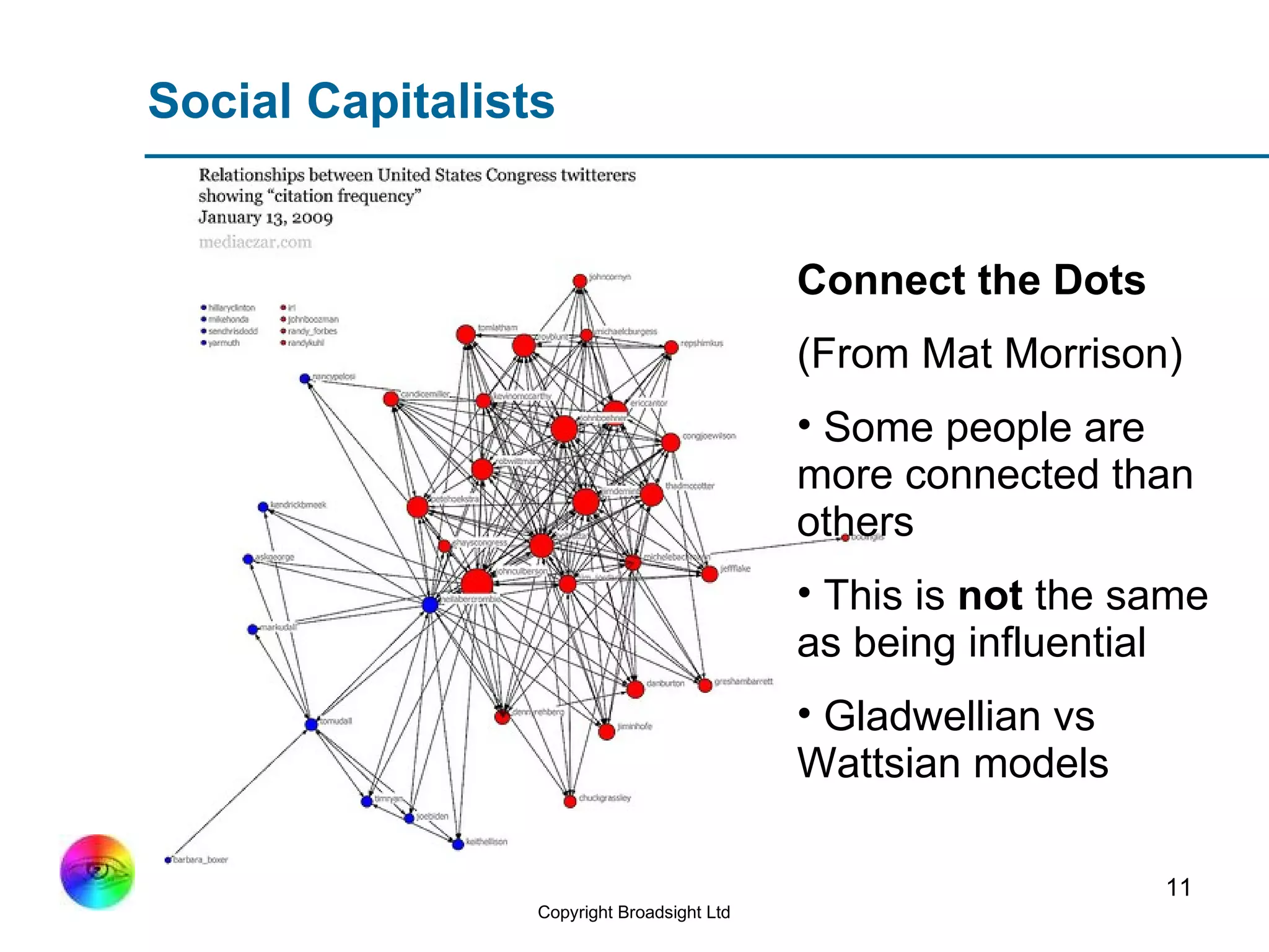 Social Capitalists Connect the Dots  (From Mat Morrison) Some people are more connected than others This is  not  the same as being influential Gladwellian vs Wattsian models 