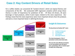For a coffee retailer, we uncovered 26 “content drivers”, which are topical themes and
components of the SEI. We conducted CART regression analytics which arrays these
themes in order of importance for prediction of SEI. Of these 26 drivers, 18 were
beverage or food products, while 8 were topics related to the store experience. Our
findings reveal that the store experience were more important drivers than the products
and were a more important factor in defining the brand.
Insight & Outcomes
The key drivers to Positive SEI™ were:
1. A place to hang out
2. To meet people
3. Atmosphere
4. Beverage Products
The client developed a ‘2 for 1’
promotion to drive store level sales.
This was the most effective promotion
run on any product over the past 3
years, generating a lift in 3 weeks equal
to about 4% of total sales.
13
Case 2: Key Content Drivers of Retail Sales
Positive Social
Engagement
100
Place to Hang
Out
211
Place to Hang
Out
83
To Meet People
325
To Meet People
188
Atmosphere
466
Atmosphere
288
To Meet People
229
To Meet People
85
Beverage A
271
Beverage A
74
Note: Separate analysis - Classification & Regression Trees (CART)
 
