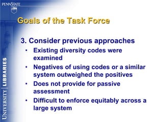 Reports generated annually to indicate how much each fund spent on diversity coded materialsDiversity Codes continued…Corresponded with minority and underrepresented groups as defined in diversity statementAA – African-AmericanAG – AgeismAR – Arab-AmericanAS – Asian-AmericanAD – Disabled/Physically ChallengedCP – General MulticulturalGL – GLBTHA – Hispanic-AmericanJS – Jewish StudiesNA – Native AmericanWS – Women’s Studies