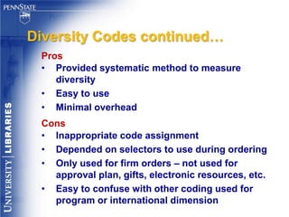Diversity Defined:	University Libraries“The University Libraries provide The Pennsylvania State University communities with equitable access to all of its information resources and services. This access is guaranteed without regard to race, ethnicity, language, age, religion or spiritual beliefs, health, gender, sexual orientation, physical capabilities, or geographic origin.”http://www.libraries.psu.edu/psul/diversity.html