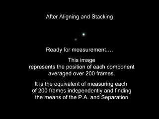 After Aligning and Stacking
Ready for measurement….
This image
represents the position of each component
averaged over 200 frames.
It is the equivalent of measuring each
of 200 frames independently and finding
the means of the P.A. and Separation
 