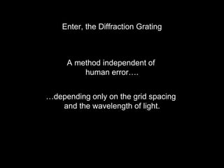 A method independent of
human error….
…depending only on the grid spacing
and the wavelength of light.
Enter, the Diffraction Grating
 