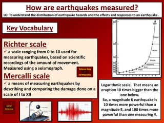 Logarithmic scale. That means an
eruption 10 times bigger than the
one below.
So, a magnitude 6 earthquake is
10 times more powerful than a
magnitude 5, and 100 times more
powerful than one measuring 4.
Richter scale
 a scale ranging from 0 to 10 used for
measuring earthquakes, based on scientific
recordings of the amount of movement.
Measured using a seismograph.
Mercalli scale
 a means of measuring earthquakes by
describing and comparing the damage done on a
scale of I to XII
Key Vocabulary
Science Guy
-
Earthquakes
GCSE
Bitesize
How are earthquakes measured?
LO: To understand the distribution of earthquake hazards and the effects and responses to an earthquake.
 