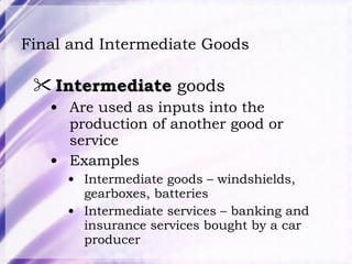 Final and Intermediate Goods Intermediate  goods Are used as inputs into the production of another good or service Examples Intermediate goods – windshields, gearboxes, batteries Intermediate services – banking and insurance services bought by a car producer 
