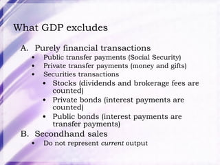 What GDP excludes Purely financial transactions Public transfer payments (Social Security) Private transfer payments (money and gifts) Securities transactions Stocks (dividends and brokerage fees are counted) Private bonds (interest payments are counted) Public bonds (interest payments are transfer payments) Secondhand sales Do not represent  current  output 