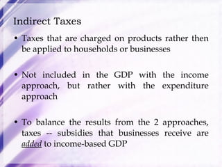 Indirect Taxes Taxes that are charged on products rather then be applied to households or businesses  Not included in the GDP with the income approach, but rather with the expenditure approach To balance the results from the 2 approaches, taxes -- subsidies that businesses receive are  added  to income-based GDP 