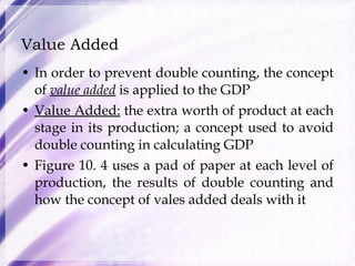 Value Added In order to prevent double counting, the concept of  value added  is applied to the GDP Value Added:  the extra worth of product at each stage in its production; a concept used to avoid double counting in calculating GDP Figure 10. 4 uses a pad of paper at each level of production, the results of double counting and how the concept of vales added deals with it 