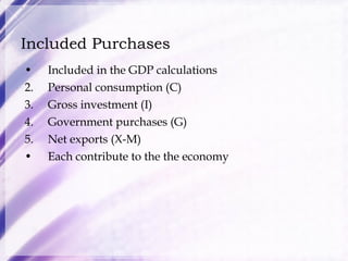Included Purchases Included in the GDP calculations Personal consumption (C) Gross investment (I) Government purchases (G) Net exports (X-M) Each contribute to the the economy 