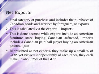 Net Exports Final category of purchase and includes the purchases of Canadian goods and services by foreigners, or exports This is calculated via the exports -- imports This is done because while exports include an American furniture store buying Canadian softwood, imports include a Canadian paintball player buying an American paintball gun Represented as net exports, they make up a small % of GDP, yet viewed independently of each other, they each make up about 25% of the GDP 