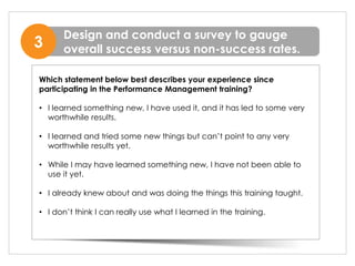 Design and conduct a survey to gauge
overall success versus non-success rates.3
Which statement below best describes your experience since
participating in the Performance Management training?
• I learned something new, I have used it, and it has led to some very
worthwhile results.
• I learned and tried some new things but can’t point to any very
worthwhile results yet.
• While I may have learned something new, I have not been able to
use it yet.
• I already knew about and was doing the things this training taught.
• I don’t think I can really use what I learned in the training.
 