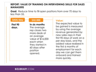 BIZLIBRARY.COM
REPORT: VALUE OF TRAINING ON INTERVIEWING SKILLS FOR SALES
MANAGERS
Goal: Reduce time to fill open positions from over 70 days to
less than 55.
Value:
The expected value to
be gained is measured
by using the average
revenue generated by
new sales reps in their
first 90 days of work on a
per day basis, and the
added value realized in
the first 6 months of
employment for each
day we can get them
onboard and trained
more quickly.
$435/day $32,000
In six months
The average
rep closes two
more deals at
an average
value of $16,000
each when
they started in
60 days after
position
opened.
First 90
days.
 