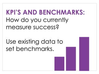 KPI’S AND BENCHMARKS:
How do you currently
measure success?
Use existing data to
set benchmarks.
 